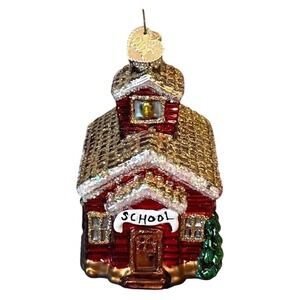 Nordstrom at Home Red Gold Glitter Old School Building Ornament Teacher Gift‎